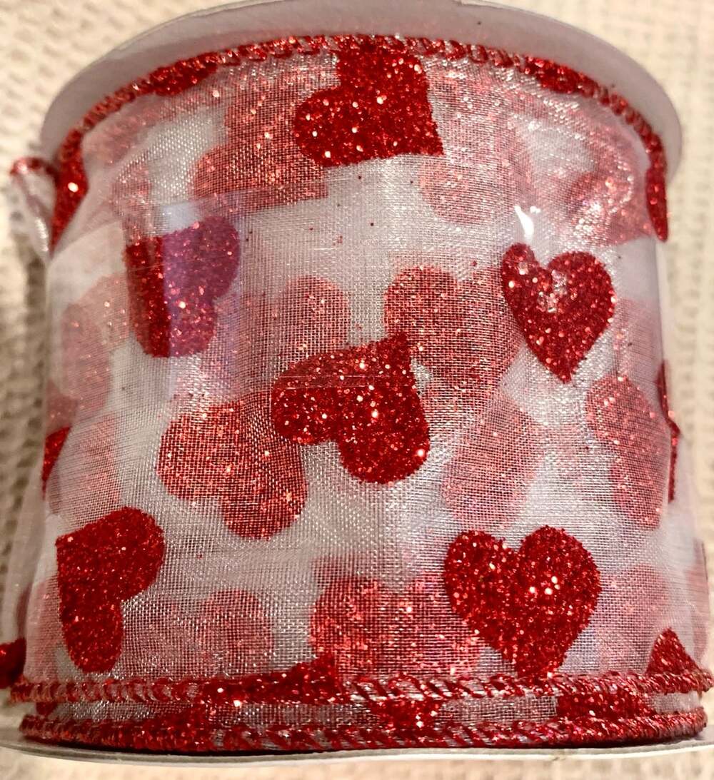 Glitter Heart Valentines Ribbon 2.5 inches New